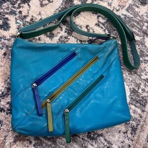 Vibrant Teal Leather Diagonal Zip Crossbody Bag 12x9.5in